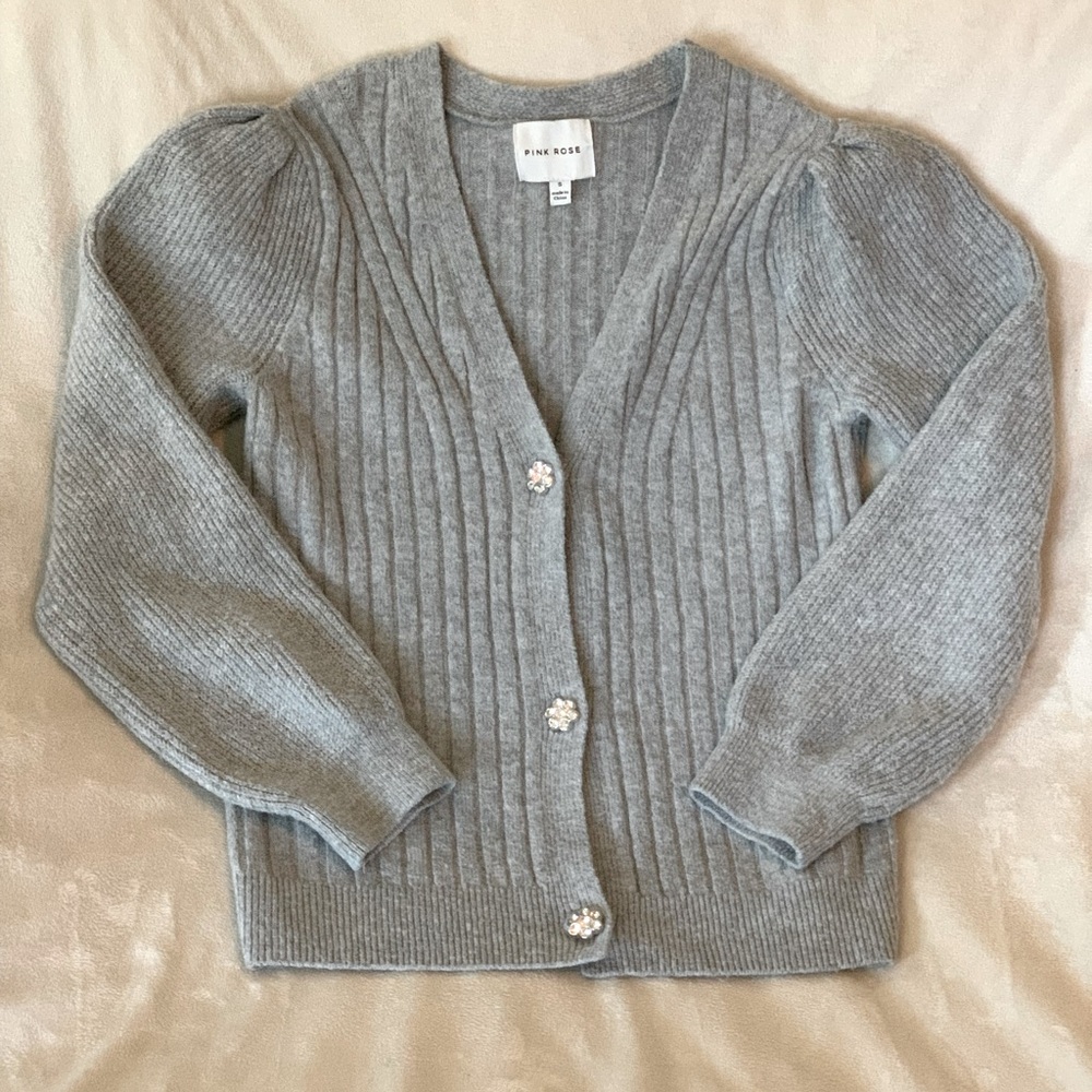 *Pink Rose* Sweater w/crystal Embellished Buttons Grey Knit Womens size Small